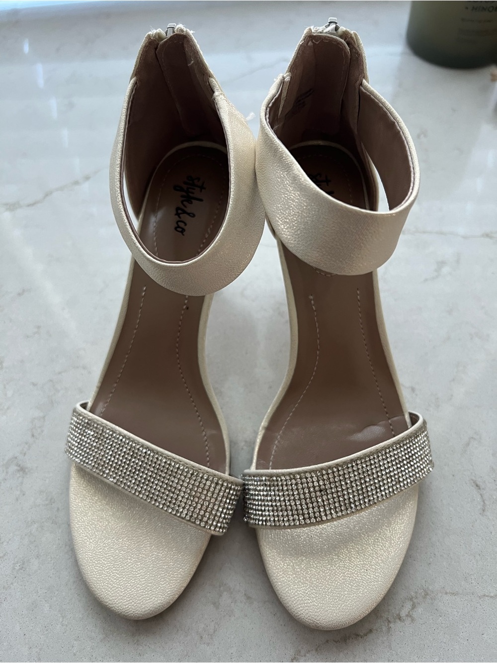 Style & Co. Cream Ankle-Strap Heels with Rhinestone Front Band